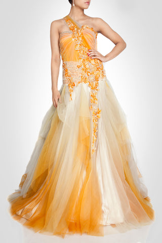 Net gown in White and Mustard color