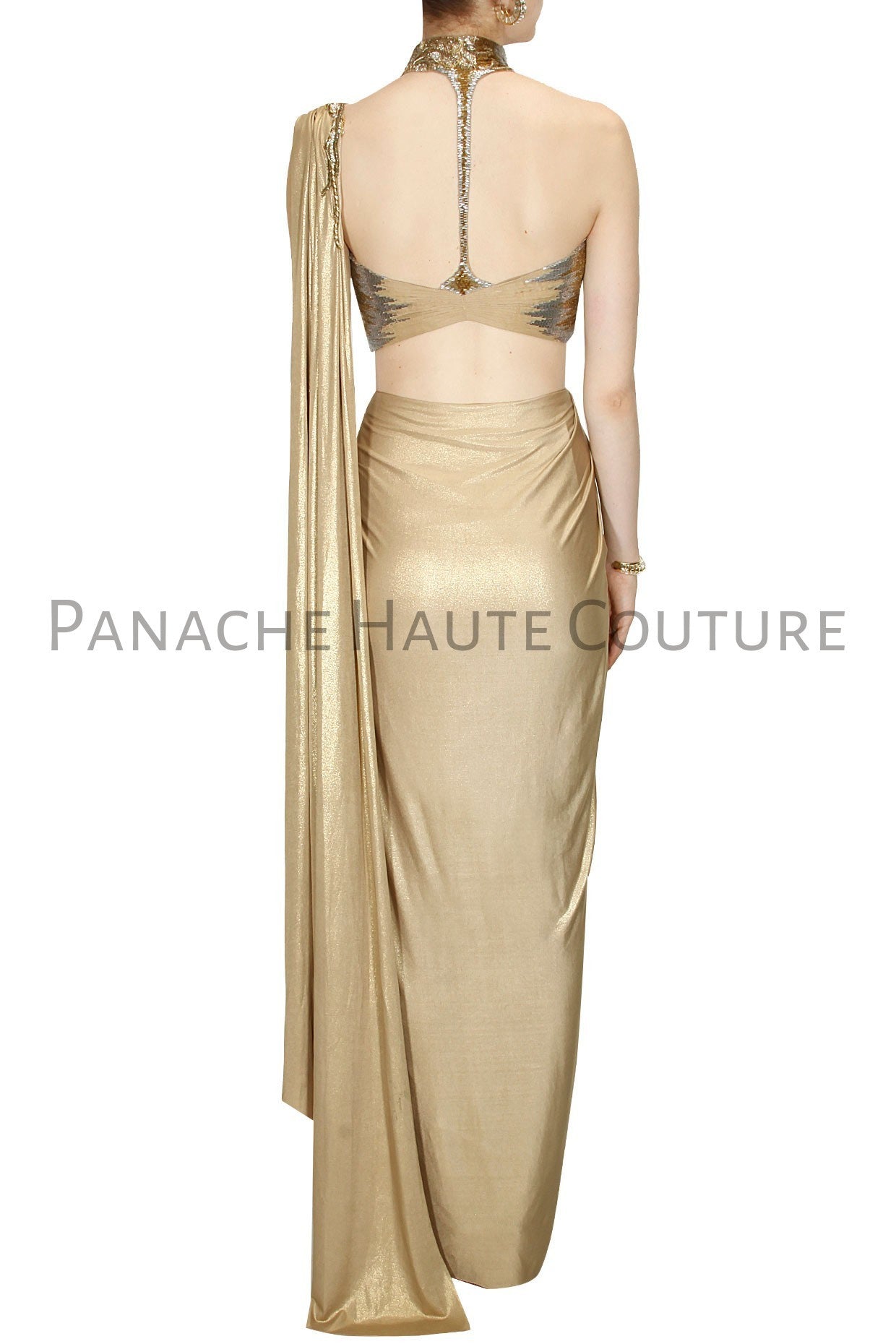 Golden Color designer Saree Gown With Hand Embroidered Blouse