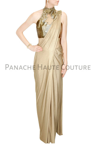 Golden Color designer Saree Gown With Hand Embroidered Blouse