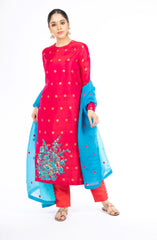 Gorgeous Raspberry Pink Handloom Pure Silk Salwar Kameez