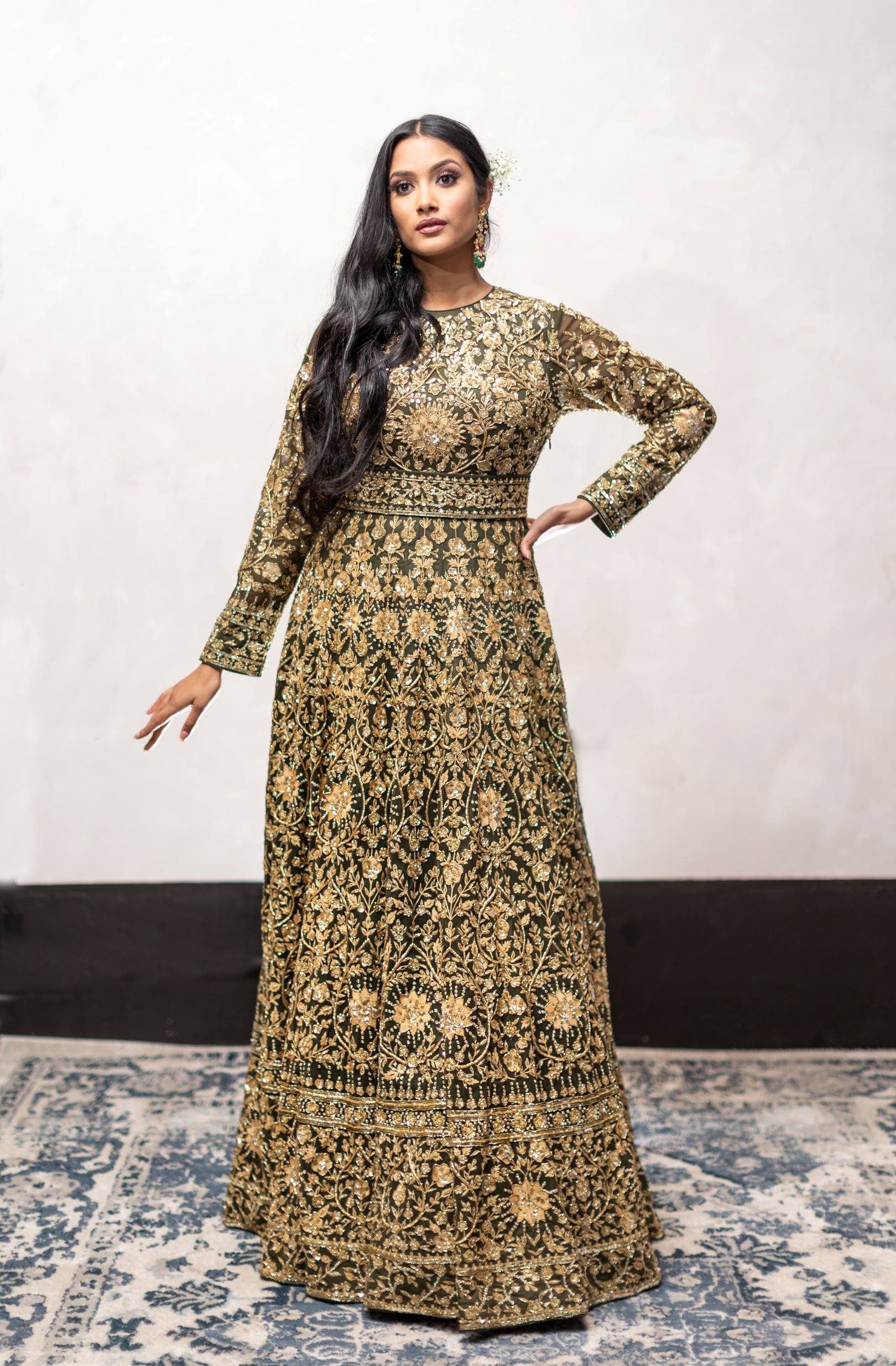 Green Color Hand-Embroidered Wedding Gown