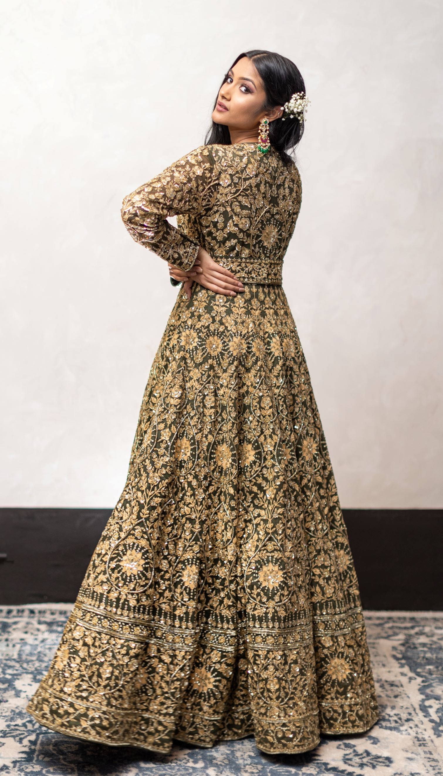 Green Color Hand-Embroidered Wedding Gown