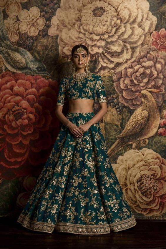 Teal Green Color Bridal Lehenga Choli from Sabyasachi Collection