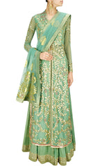 Green gota patti long jacket with foil lehenga and dupatta