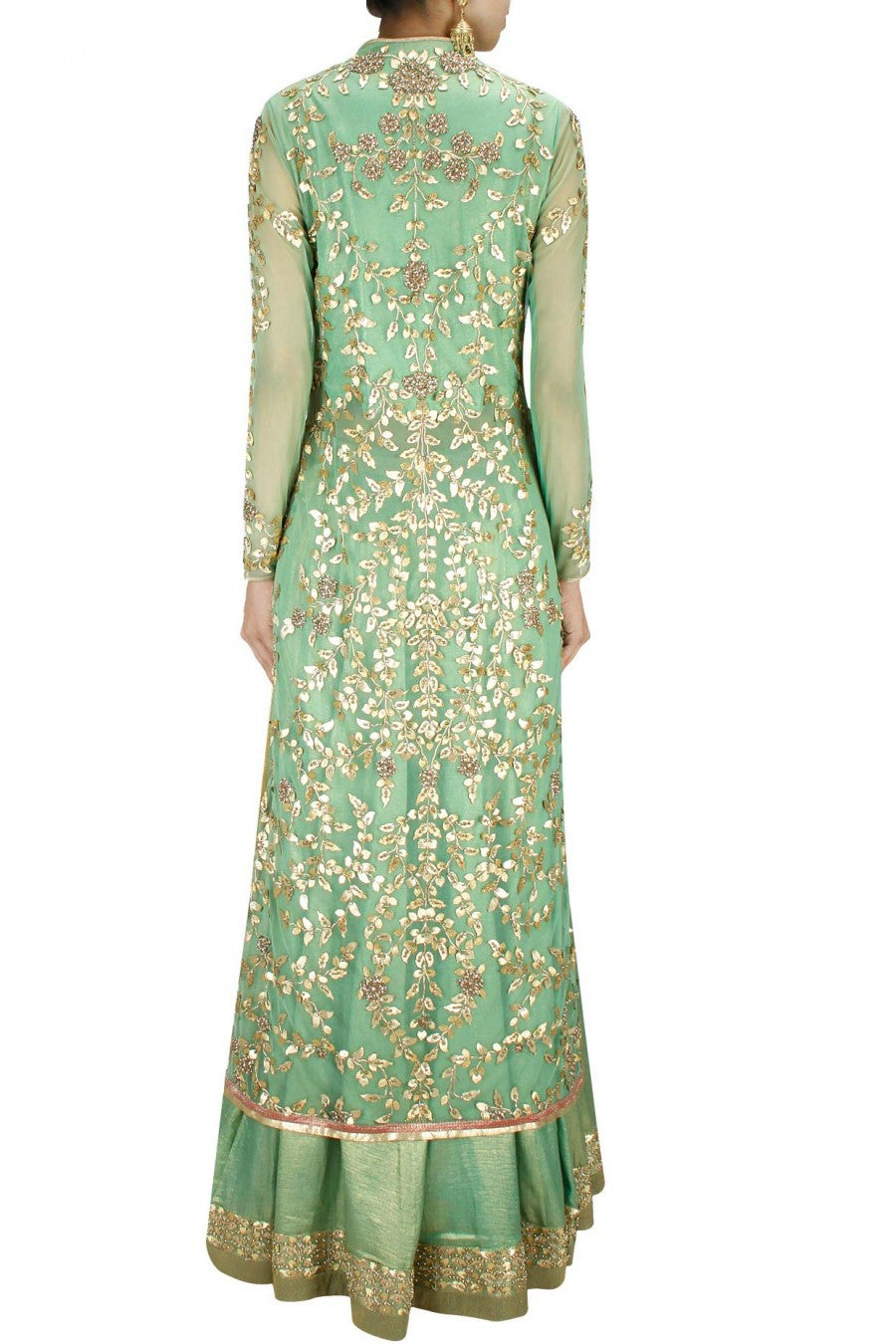 Green gota patti long jacket with foil lehenga and dupatta