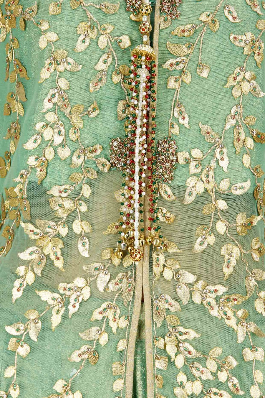 Green gota patti long jacket with foil lehenga and dupatta