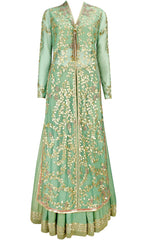 Green gota patti long jacket with foil lehenga and dupatta