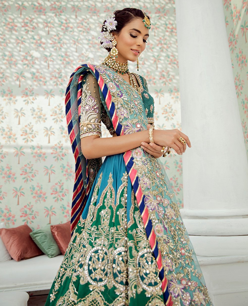 Green and Blue Color Wedding Lehenga
