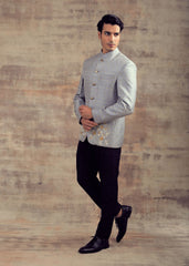 Grey Color Banarasi Silk Jodhpuri Jacket