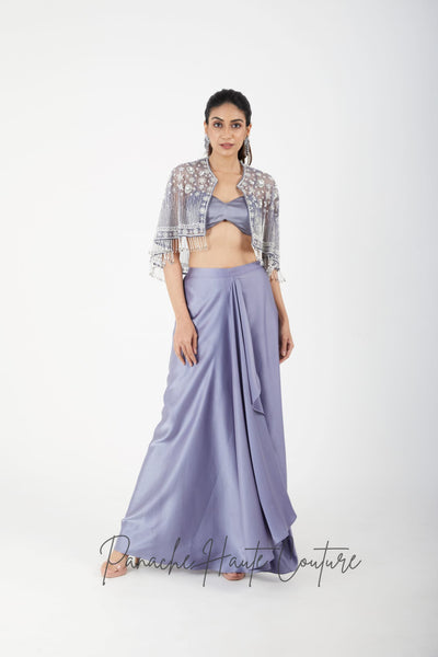 Gold Heavily Embroidered Cape with Rust Draped Dhoti Skirt main image 1
