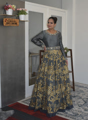 Pleasant Partywear Grey Color Gown with a Detachable Belt