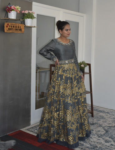 Pleasant Partywear Grey Color Gown with a Detachable Belt