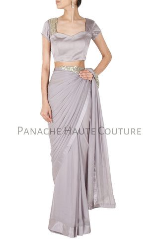 Grey Color Designer Saree Gown Online