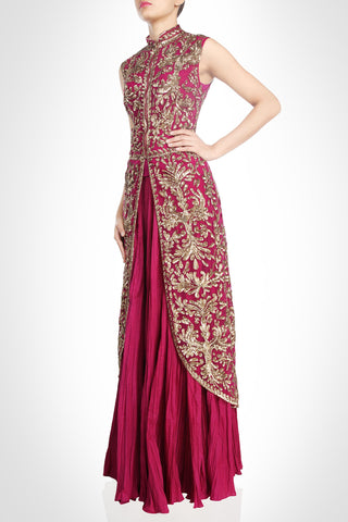 Hot Pink Color Long Jacket Lehenga Set