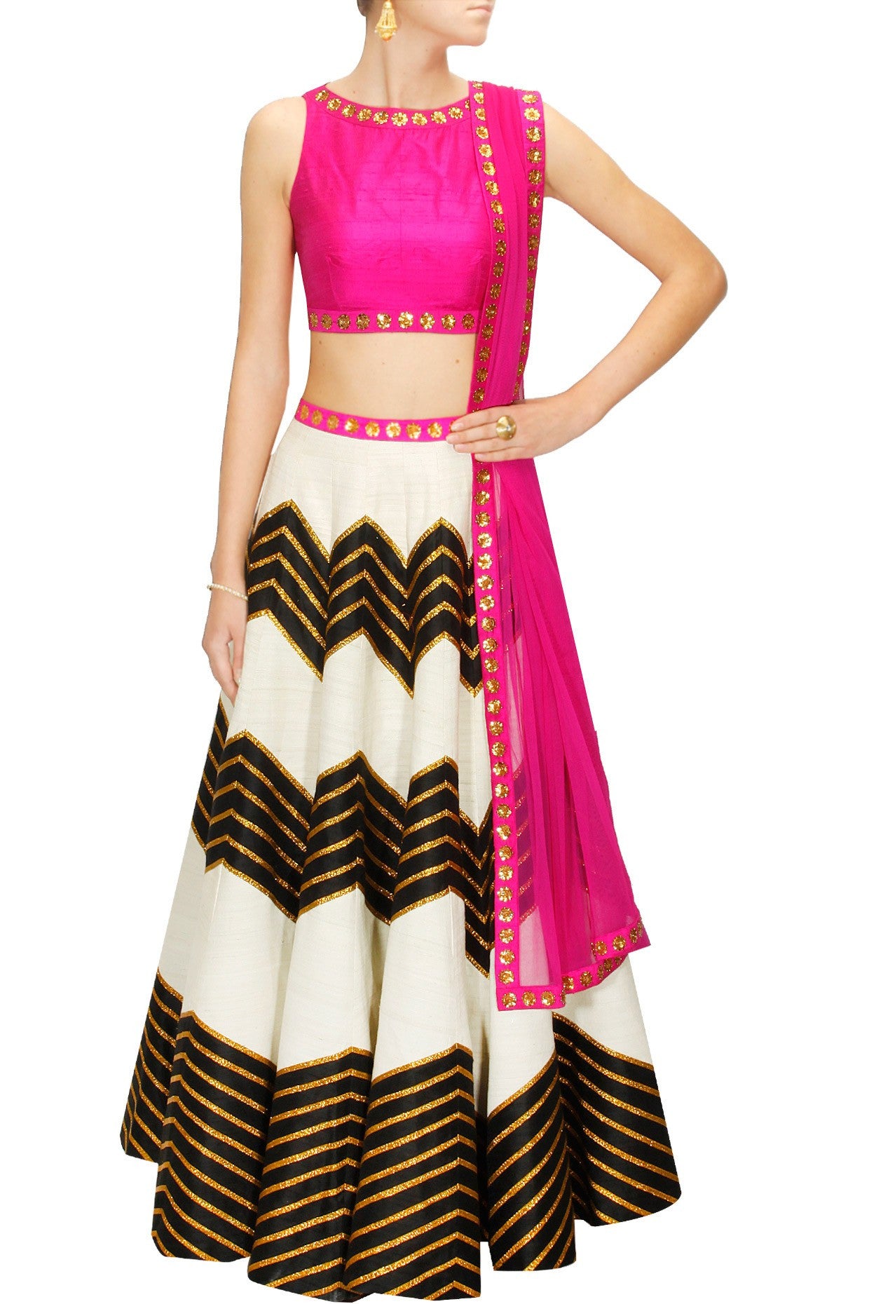 Ivory Colour Lehenga set with black zig zag design