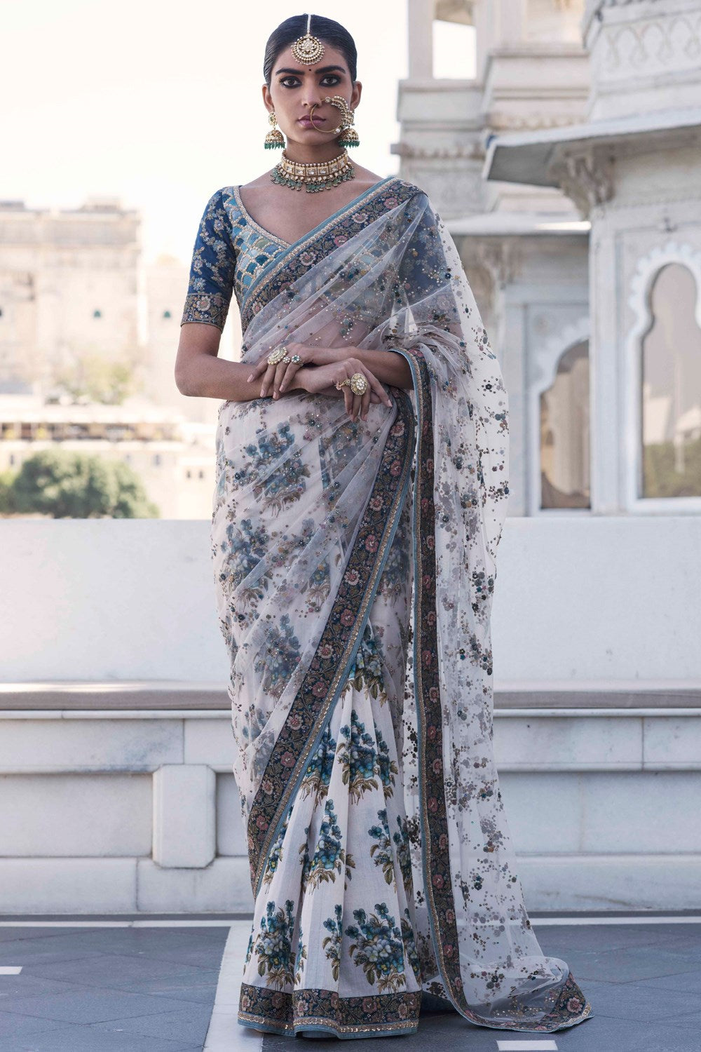 Ivory Printed and Embroidered Saree