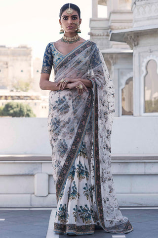 Ivory Printed and Embroidered Saree