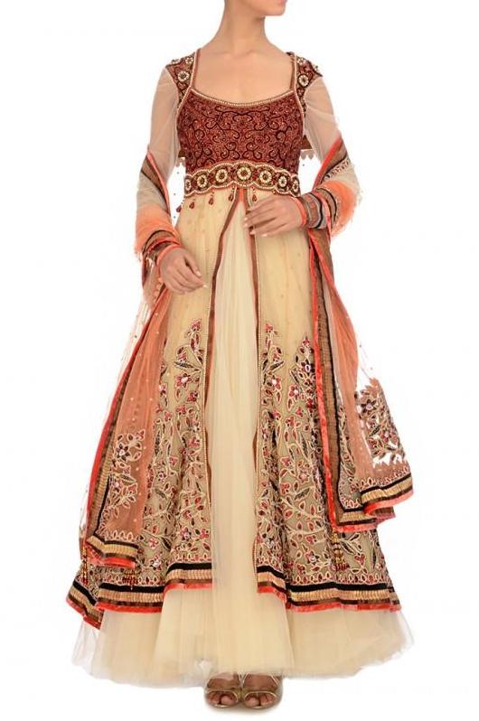 Ivory and orange bridal anarkali