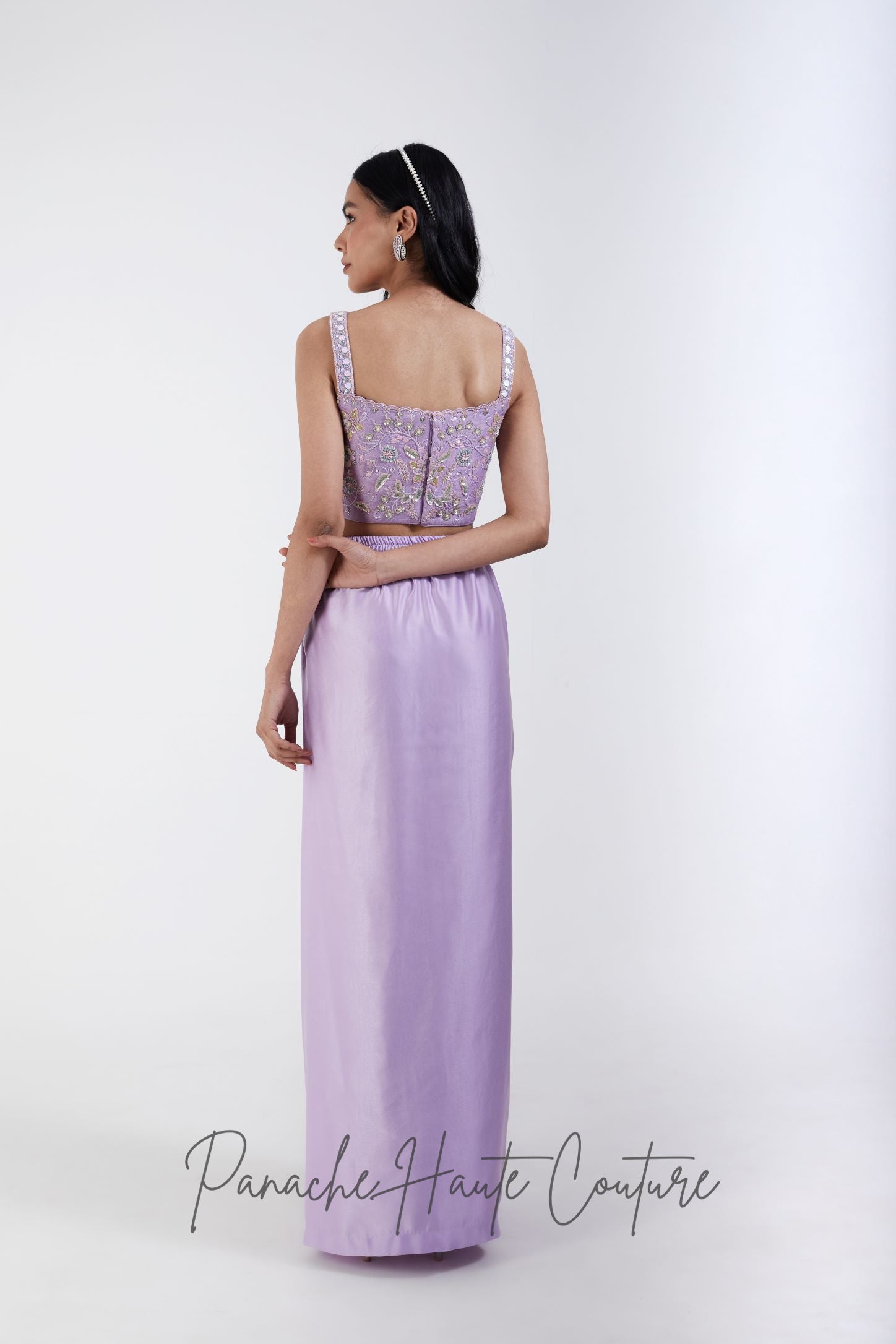 Lavender Color Dhoti with Hand-embroidered Crop Top