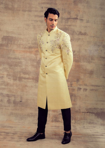Lemon Color Banarasi Wedding Sherwani