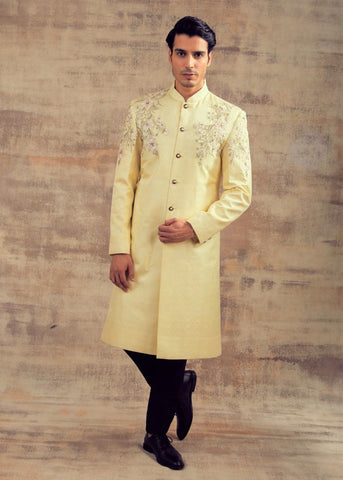 Lemon Color Banarasi Wedding Sherwani