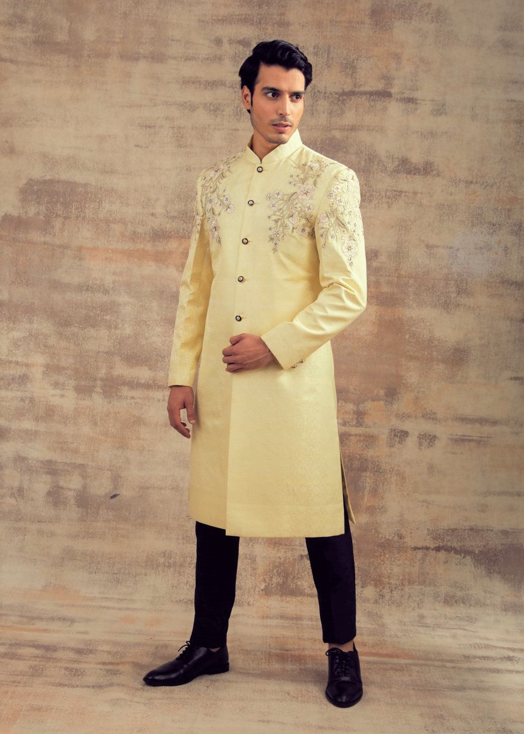 Lemon Color Banarasi Wedding Sherwani