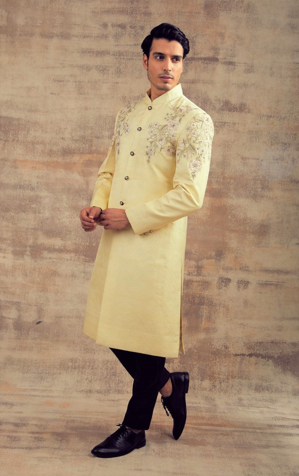 Lemon Color Banarasi Wedding Sherwani