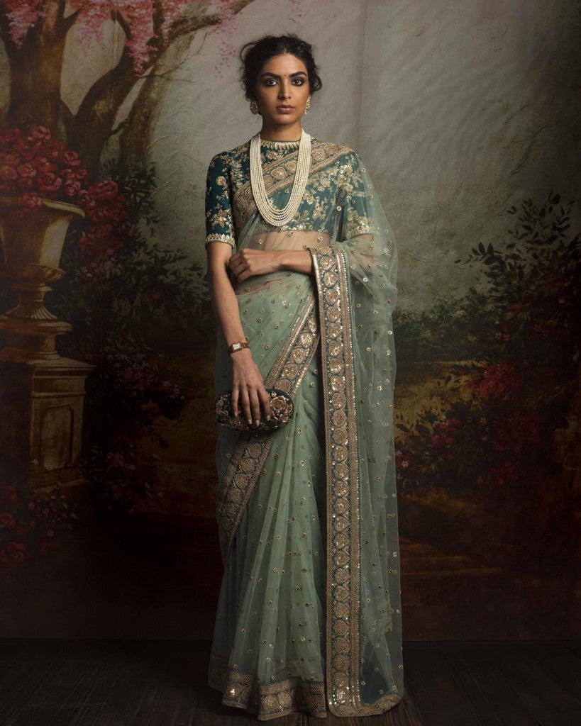 Mint Green Color Net Saree