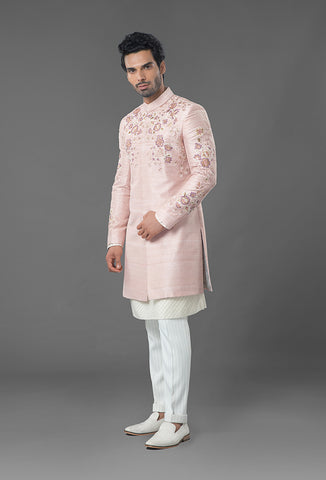 Light Pink Color Raw Silk Sherwani