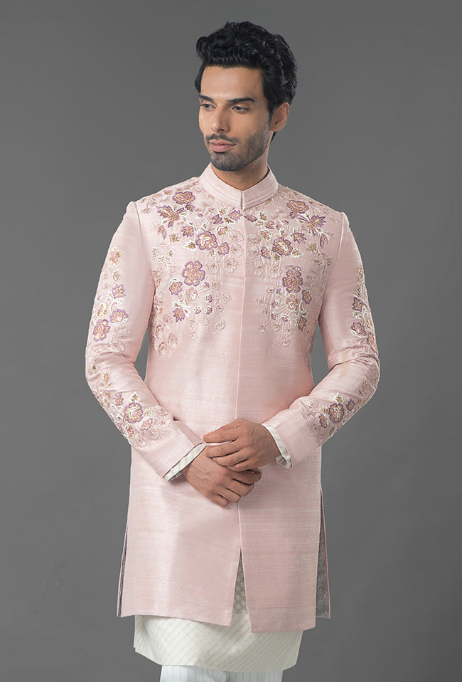 Light Pink Color Raw Silk Sherwani
