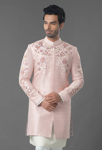 Light Pink Color Raw Silk Sherwani