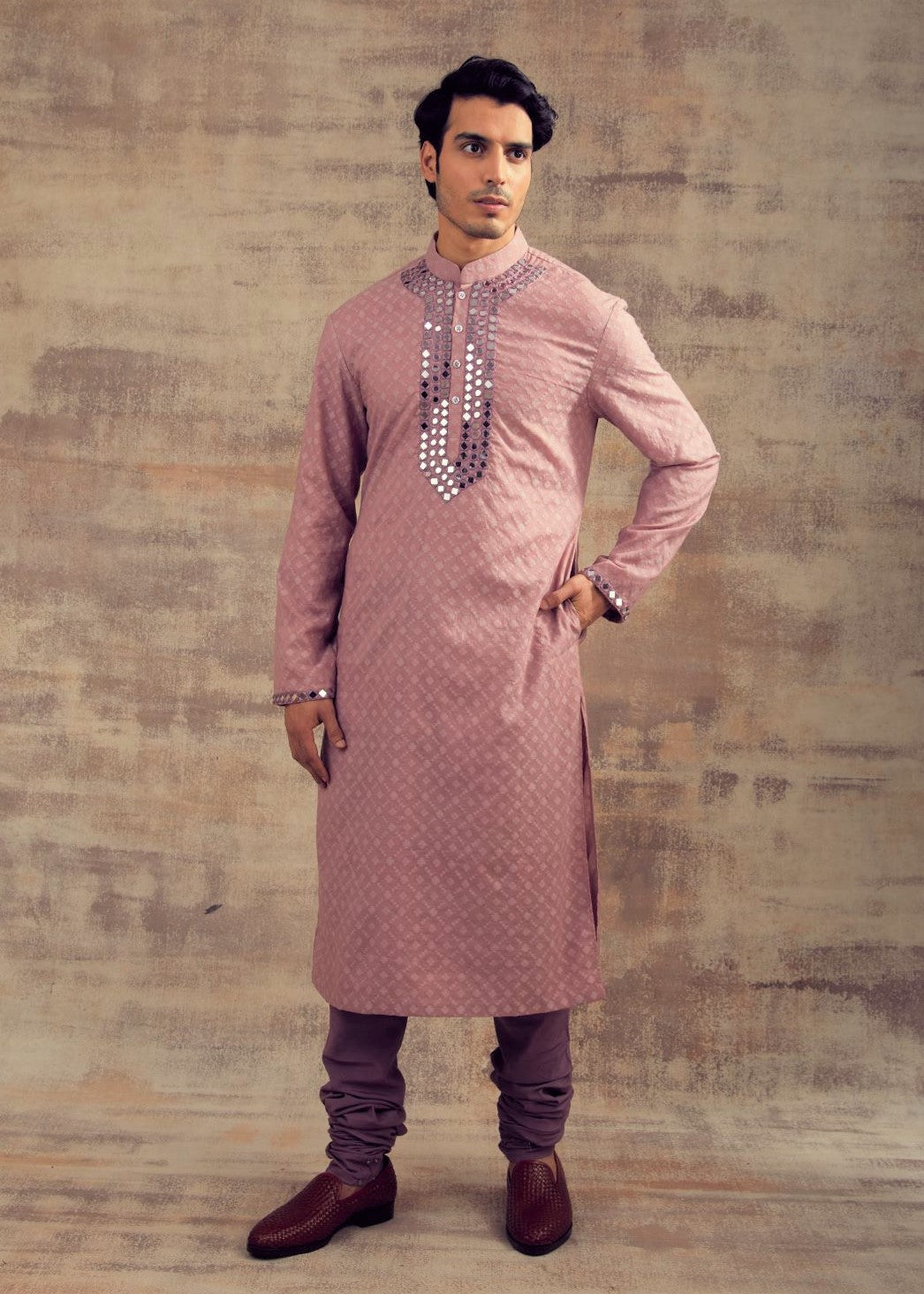 Lilac Color Mirror Embroidery Kurta Set