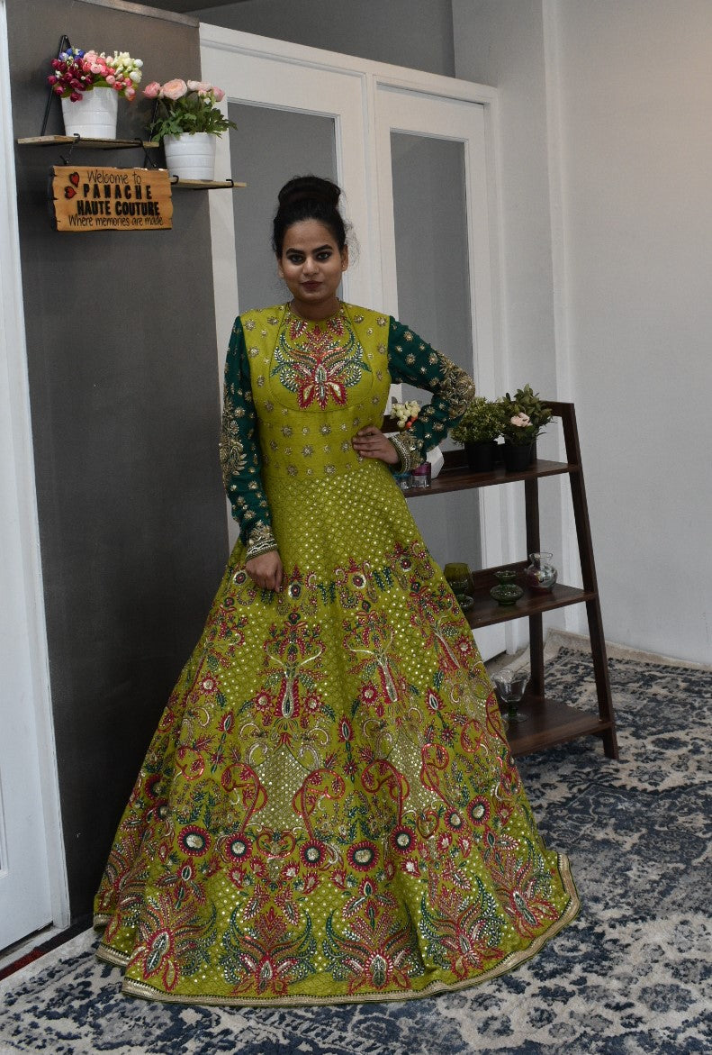 Lime Green Anarkali Gown from Panache Haute Couture