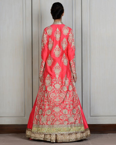 Coral color Long Jacket lehenga