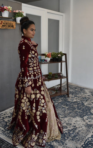 Maroon Color Jacket Lehenga Set from Panache Haute Couture