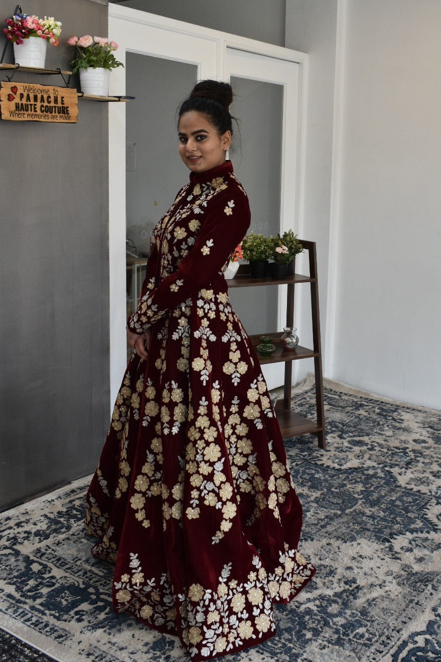 Maroon Color Jacket Lehenga Set from Panache Haute Couture