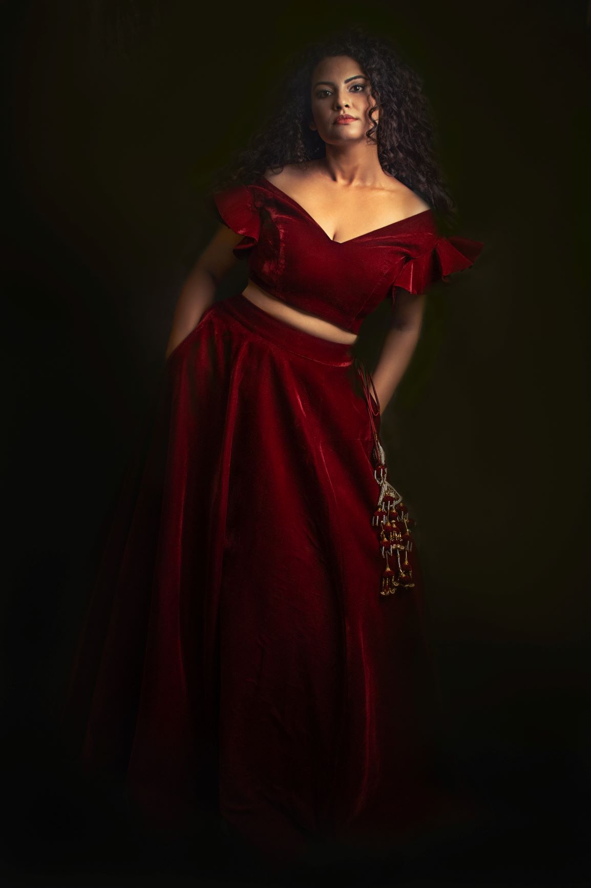Maroon Colour Micro Velvet Ruffled Blouse and Skirt