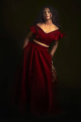 Maroon Colour Micro Velvet Ruffled Blouse and Skirt