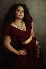 Maroon Colour Micro Velvet Ruffled Blouse and Skirt