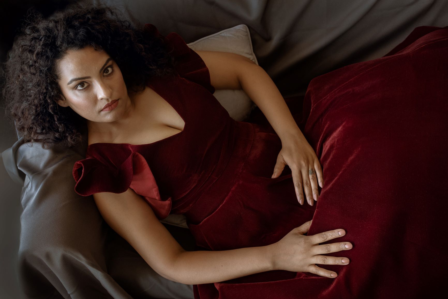 Maroon Colour Micro Velvet Ruffled Blouse and Skirt