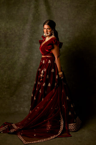 Maroon Color Velvet Wedding Lehenga Set