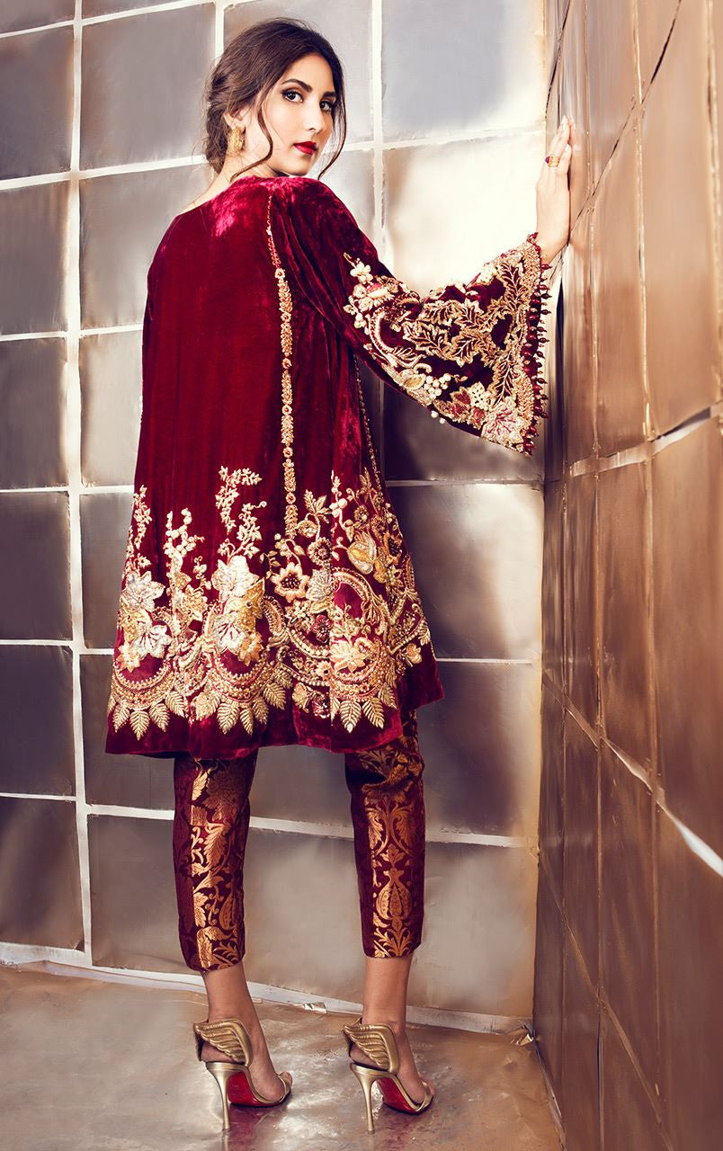Maroon Velvet Suit with Pakistani Pant