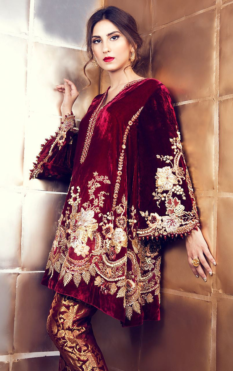 Maroon Velvet Suit with Pakistani Pant