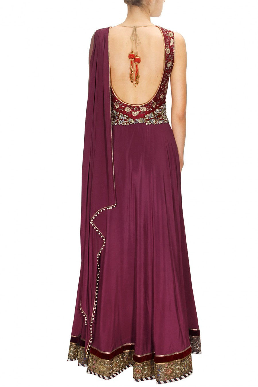 Maroon embroidered drape indo-western gown