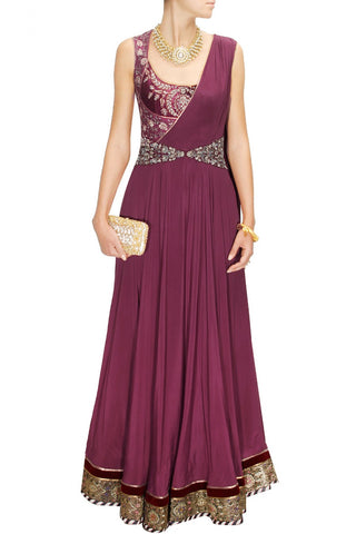 Maroon embroidered drape indo-western gown