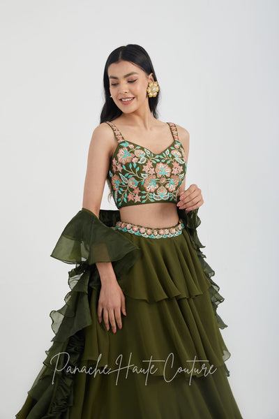 Mehendi Color Tiered Skirt with Crop Top