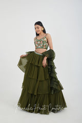 Mehendi Color Tiered Skirt with Crop Top