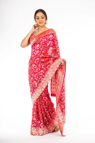 Mesmerizing Pink Color Handloom Jangla Katan Silk Saree with Minakari Weaving from Panache Haute Couture