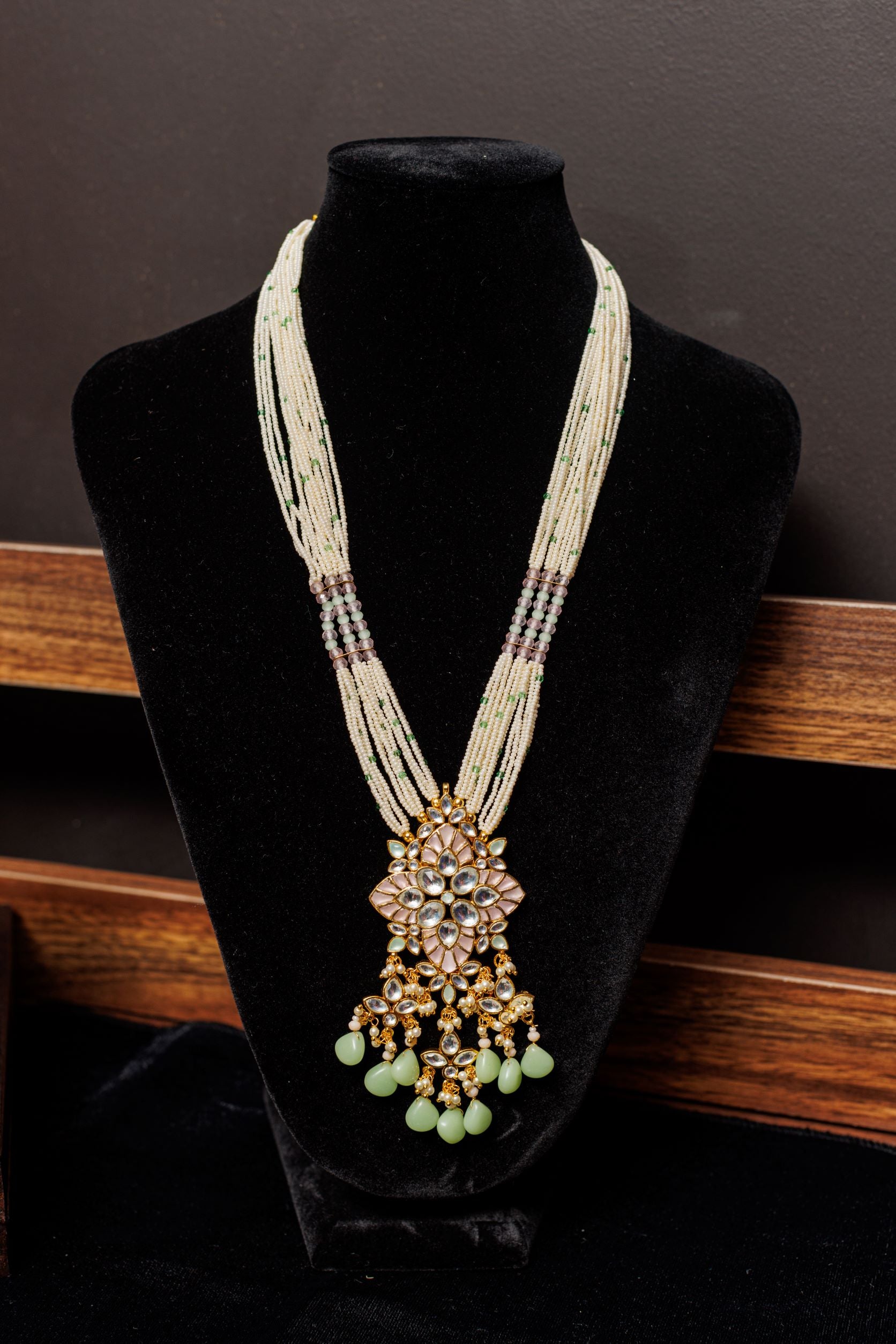Mint Green and Pastel Pink  Ahmedabadi Paachi Kundan Long Necklace JIYA