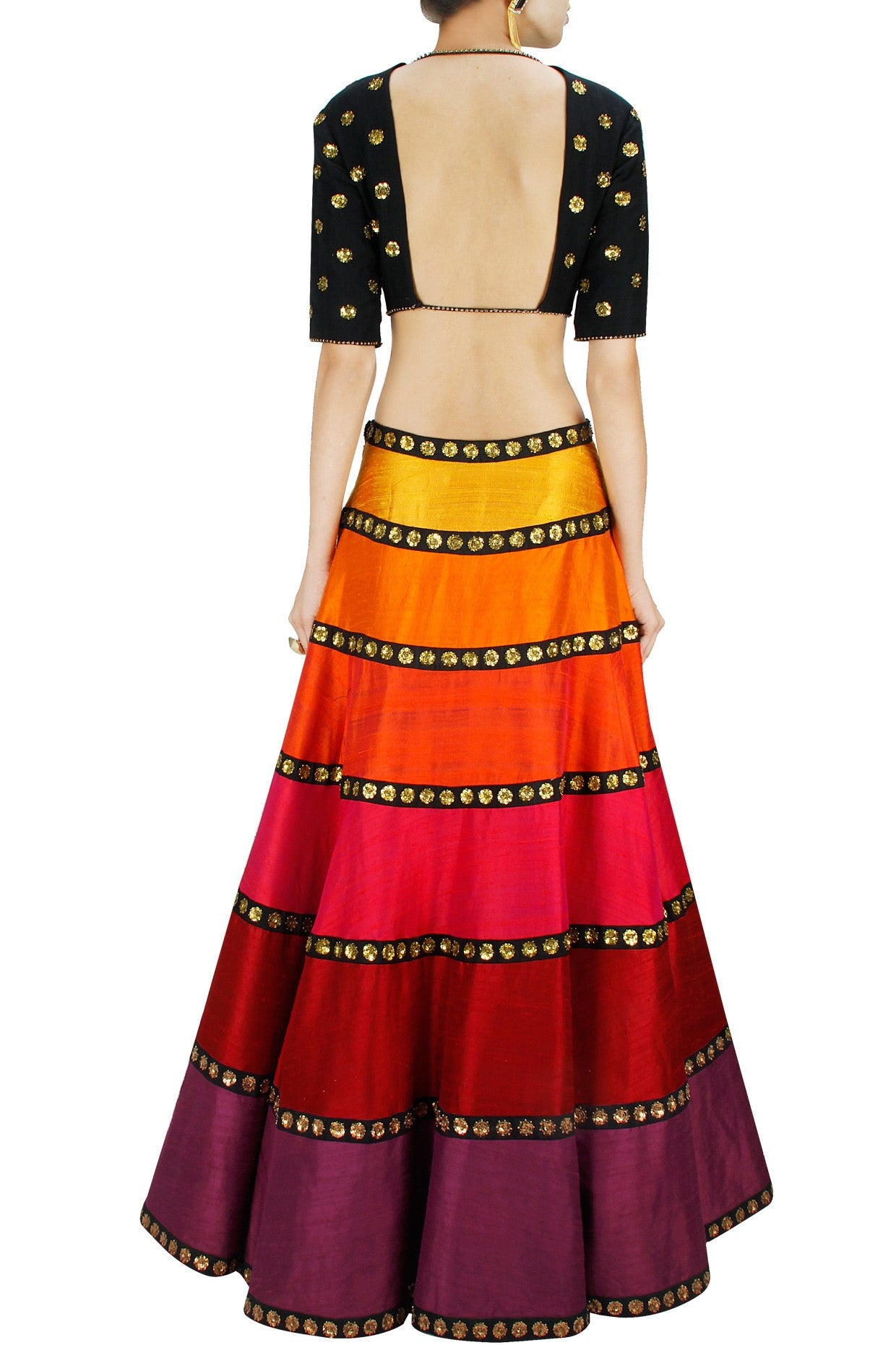 Multicolour tones of Orange Red Lehenga Set